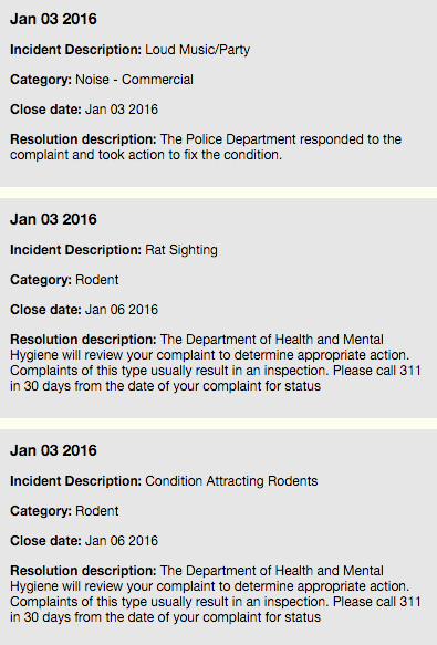 Sometimes the listing of 311 complaints make for a lovely narrative